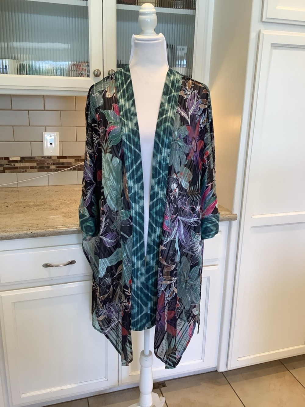 Soft Surroundings Teal Green and Black Floral Sheer Kimono Topper Size L/XL